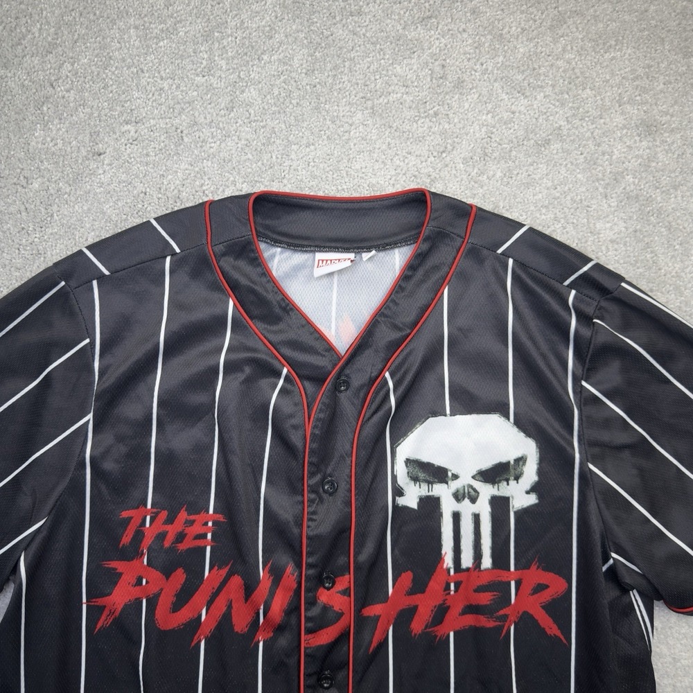 The Punisher Marvel Comics Baseball Jersey Mens XL Black Pinstripe Skull Shirt - Picture 5 of 10